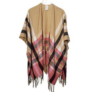 Woolrich Plaid Fringe Blanket Wrap Shawl Cape Tan Pink Poncho Womens One Size